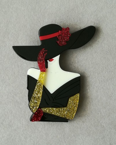 Brosche dame mit hut - mit, acryl
